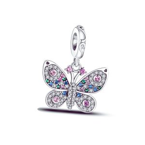 Charm Mariposa y Circones Brillantes En Plata 925