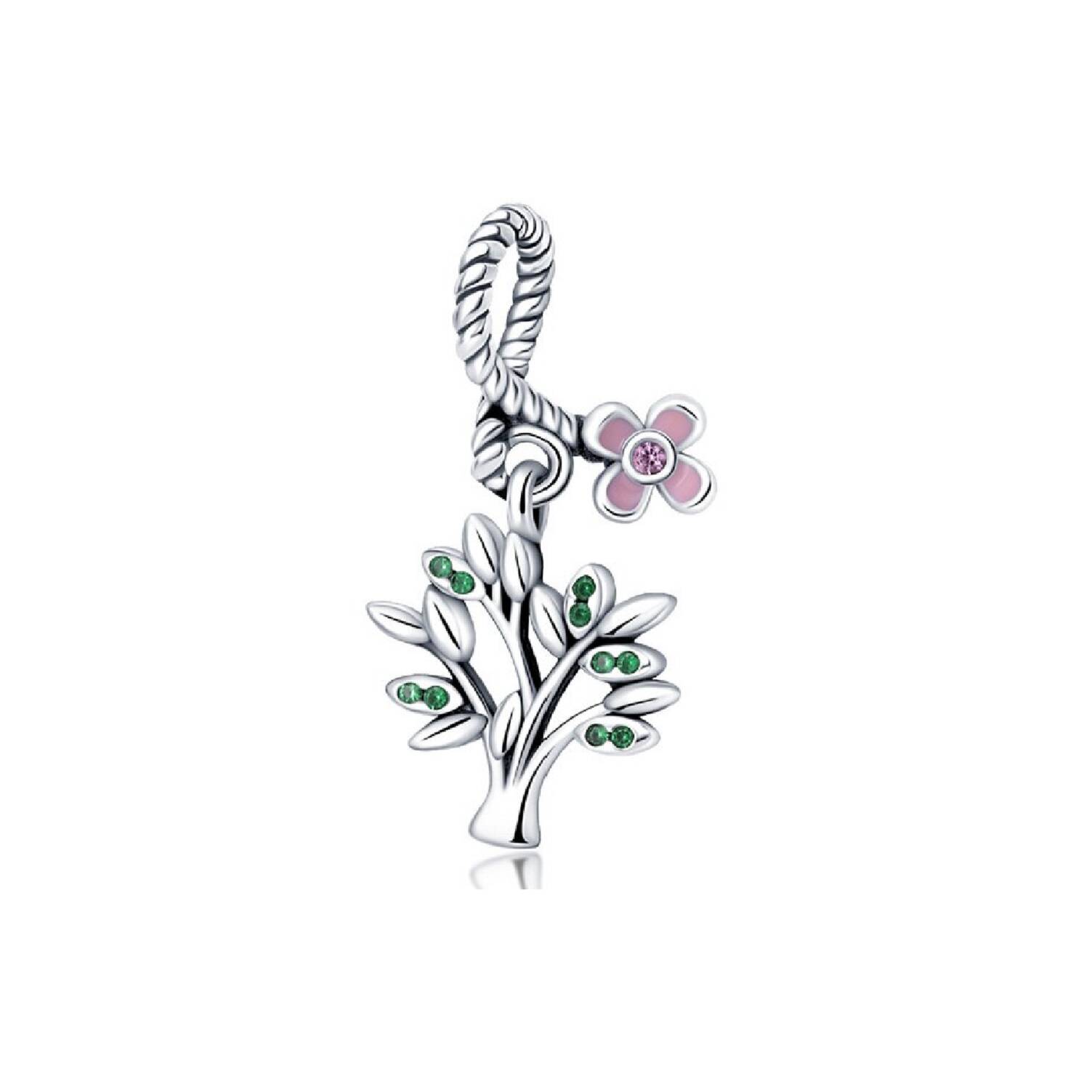 Charm Árbol de Vida y Flor Rosa con Circones En Plata 925