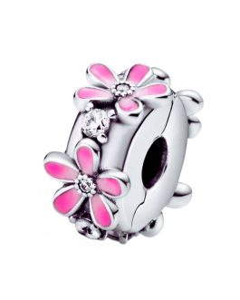 Charm Clip Margaritas Rosa y Circones En Plata 925