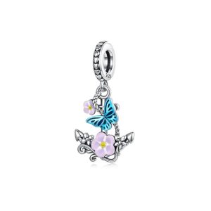 Charm Ancla, Flores y Mariposa En Plata 925