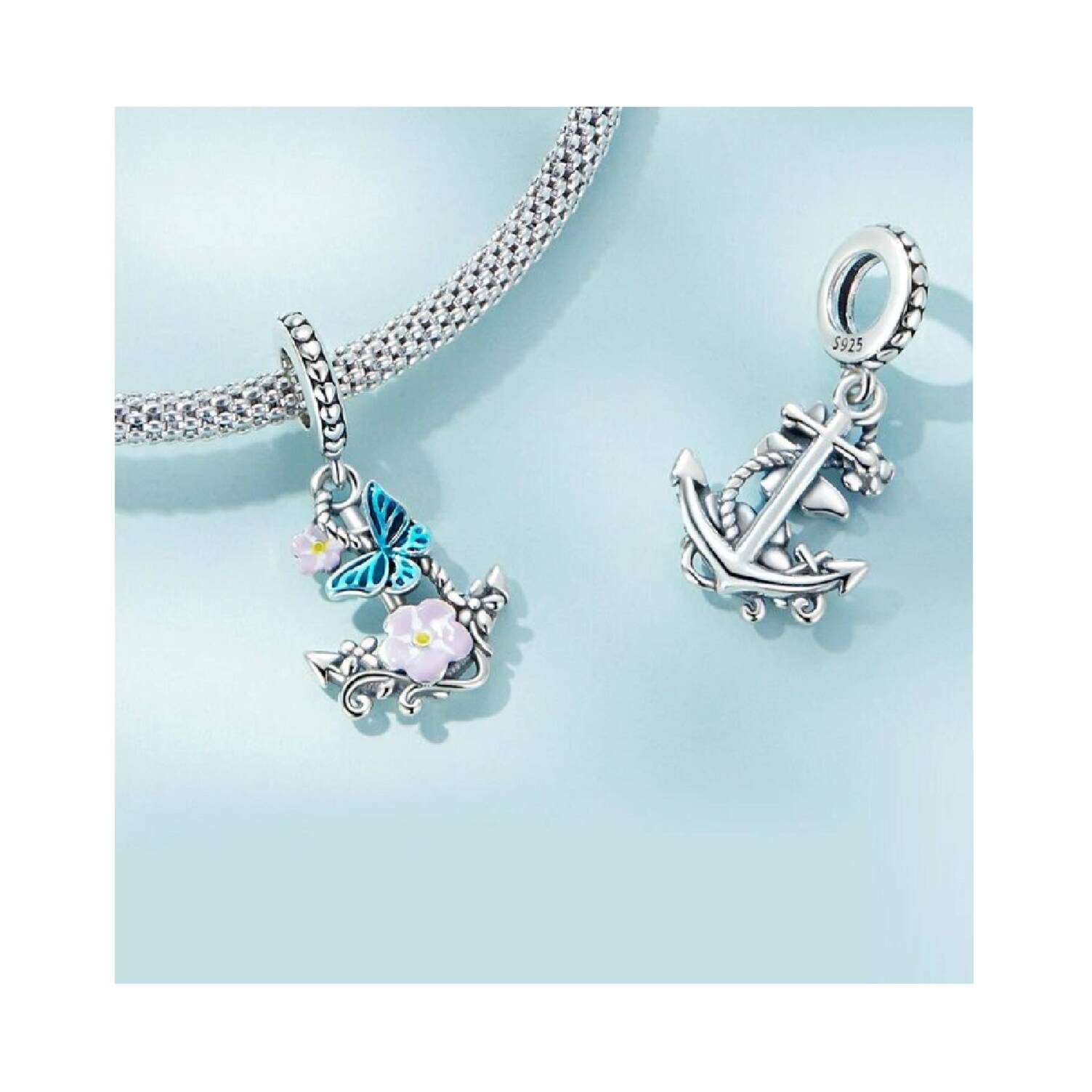 Charm Ancla, Flores y Mariposa En Plata 925 - Imagen 3