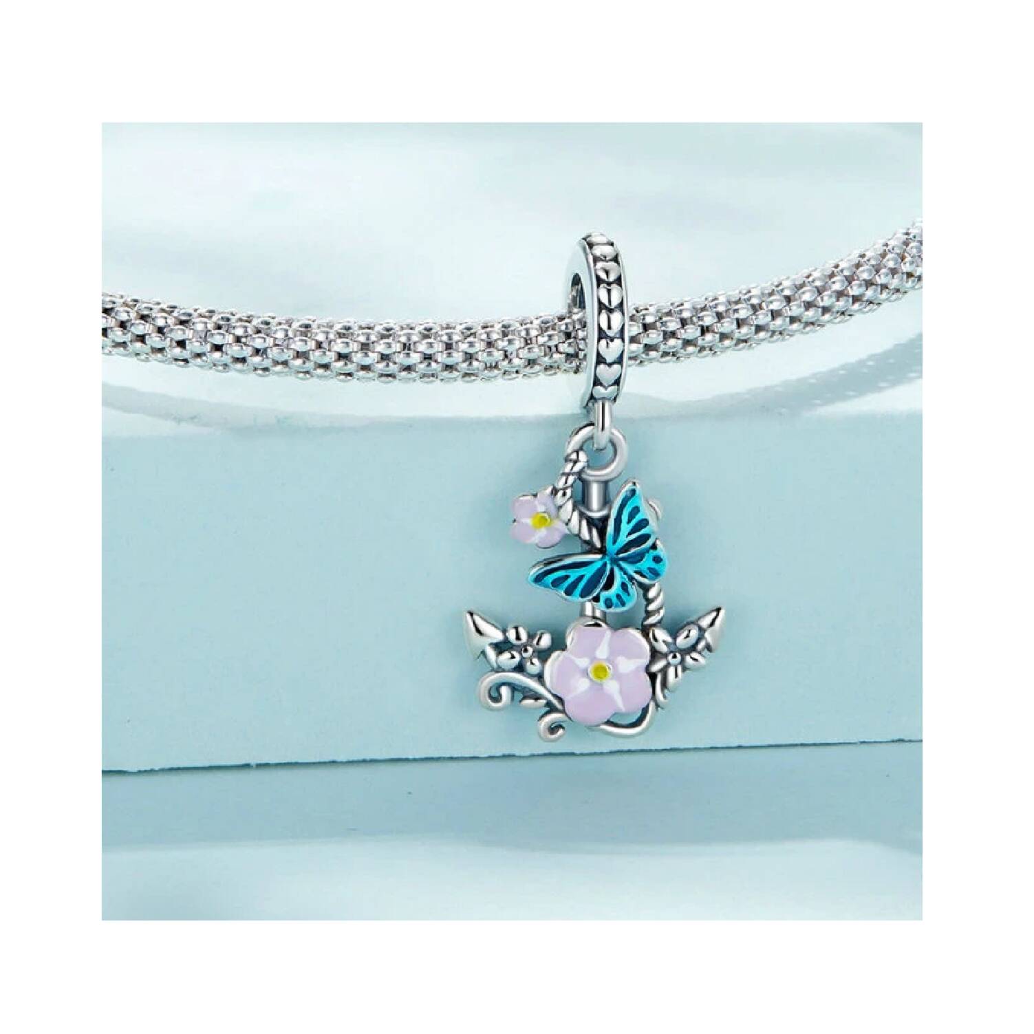 Charm Ancla, Flores y Mariposa En Plata 925 - Imagen 2