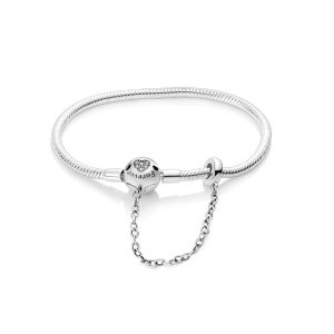 Pulsera Broche Bola con Cadena y Corazón En Plata 925