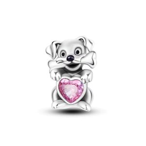 Charm Perrito Tierno y Corazón Rosa En Plata 925