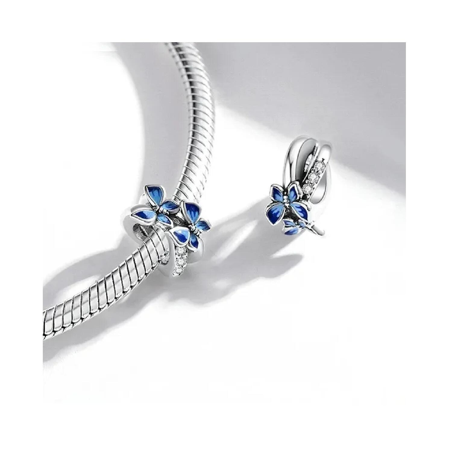 Charm Mariposas Azules Brillantes En Plata 925 - Imagen 3