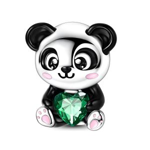 Charm Oso Panda con Corazón Verde En Plata 925