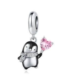 Charm Pingüino Y Corazón Con Circones en Plata 925