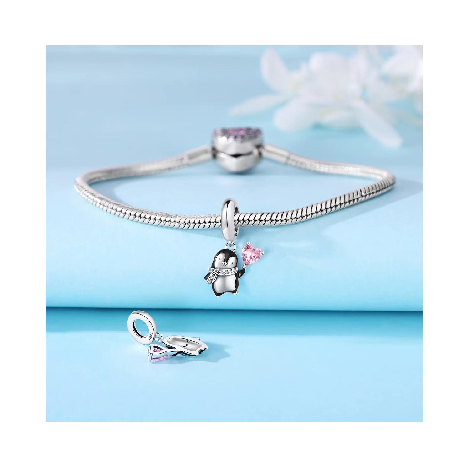 Charm Pingüino Y Corazón Con Circones en Plata 925 - Imagen 3