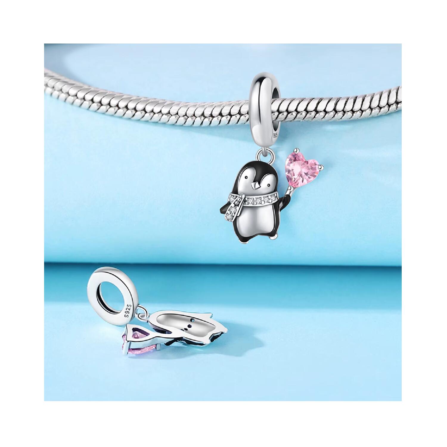 Charm Pingüino Y Corazón Con Circones en Plata 925 - Imagen 2
