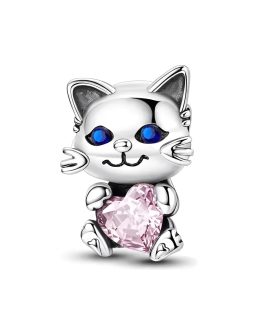 Charm Gatito Tierno Y Corazón Rosa en Plata 925