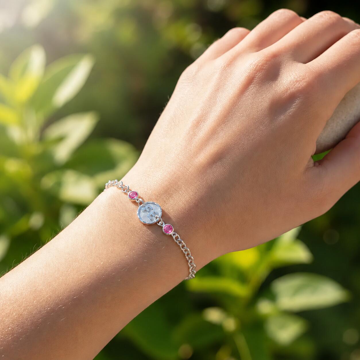 Pulsera Fe y Cristales Rosa En Plata 925 - Imagen 4